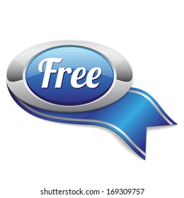 Blue round free button with metallic border and ribbon