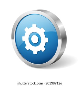 Blue round gear button with metallic border on white background