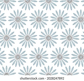 Blue round geometric ornaments pattern. Vector graphic. Floral elements wallpaper. Simple, modern shape design. Abstract art. Decorative print for tiles, wrapping paper, textile, fabric, background