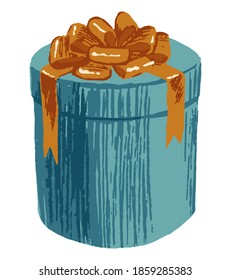 Blue round gift box with orange bow. Hand drawn vector single illustration. Colorful simple flat element isolated on white. Object for design, print, decor, card, sticker, banner, wrap, advertising.