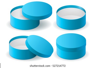 Blue Round Gift Box. Vector Illustration Isolated On White Background.