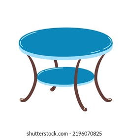 Blue round glass coffee table. Minimalistic desk furniture for interior with potted plant and cup of coffee. Flat vector cartoon illustration, clipart.