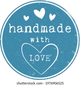 blue round grungy HANDMADE WITH LOVE label or stamp with hearts isolated on white vector illustration