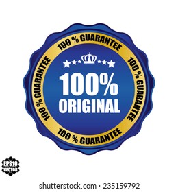 Blue round hundred percent original badge and gold border on white background, vector illustration.