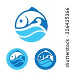 Blue round icon with fish and wave in three color variants isolated on white background