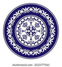 Ornamento nacional cazaque redondo azul. Padrão étnico dos povos da Grande Estepe, Cazaque, Mongóis, Quirguistão, Tártaros. Círculo, borda do quadro. Impressão vintage para impressão, lixadeira, cerâmica.