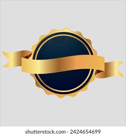 Blue round label with golden frame and text ribbon. Vector on a gray background