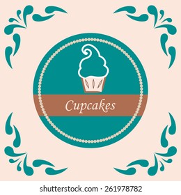 a blue round label with text and a cupcake on a colored background