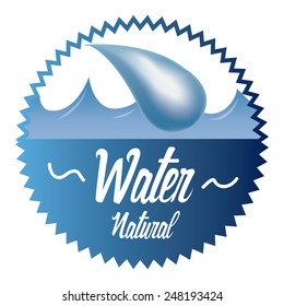 a blue round label with text and a drop of water