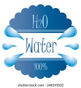 a blue round label with text and drops of water