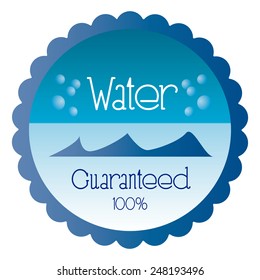 a blue round label with text and water bubbles