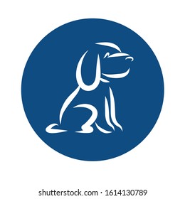 Blue round logo of the veterinary clinic with a cute spaniel dog. Doodle sketch with white lines. Vector illustration about pets.