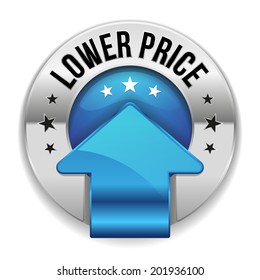 Blue round lower price button with arrow on white background