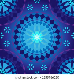 Blue round mandala seamless vector pattern