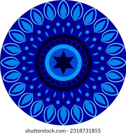 Blue Round Mandala with star, circles and petals