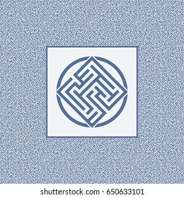 Blue round maze emblem. Abstract round maze element. Labyrinth. 