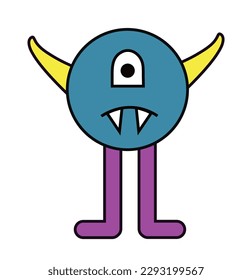 Blue round monster. Scary character with one eye, yellow horns and fangs. Sticker for social networks and instant messengers. Video game character. Cartoon flat vector illustration