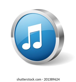 Blue round music button with metallic border on white background