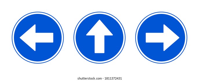 Conjunto de símbolos de flecha de una dirección redondeado azul que muestra las direcciones recta, izquierda y derecha. Imagen vectorial.
