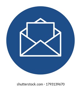 Blue round opened envelope with letter outline icon, button isolated on a white background. EPS10 vector file