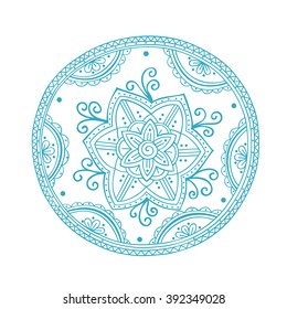 Blue round ornament. Hand drawn ethnic mandala. Vector art