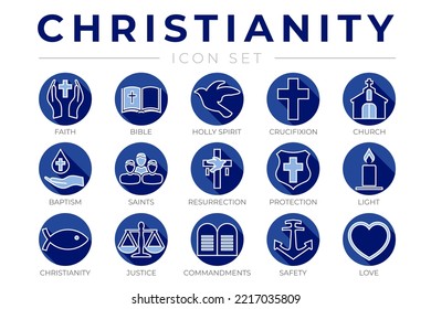 Blue Round Outline Christianity Icon Set with Faith, Bible, Crucifixion , Baptism, Church, Resurrection, Holy Spirit, Saints, Commandments,Light, Protection, Justice, Safety and Love Thin Icons