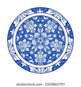 Blue Round pattern Baroque style. Handmade Ceramic from watercolor. Traditional tribal ornament. Round plate. Capri Maiolica