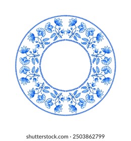 Blue Round pattern Baroque style. Handmade Ceramic from watercolor. Traditional tribal ornament. Round plate. Capri Maiolica