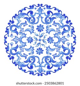 Blue Round pattern Baroque style. Handmade Ceramic from watercolor. Traditional tribal ornament. Round plate. Capri Maiolica