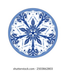 Blue Round pattern Baroque style. Handmade Ceramic from watercolor. Traditional tribal ornament. Round plate. Capri Maiolica