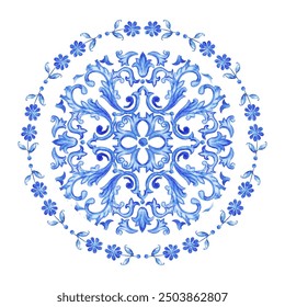 Blue Round pattern Baroque style. Handmade Ceramic from watercolor. Traditional tribal ornament. Round plate. Capri Maiolica