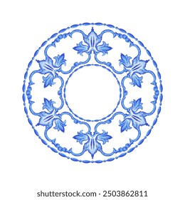 Blue Round pattern Baroque style. Handmade Ceramic from watercolor. Traditional tribal ornament. Round plate. Capri Maiolica