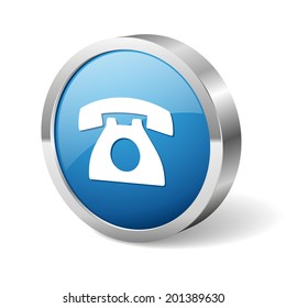 Blue round phone button with metallic border on white background