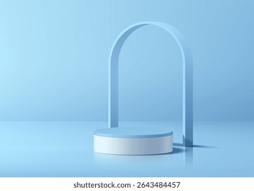Blue round podium 3D background with arch frame backdrop. Abstract composition in minimalist design. 3D studio display showroom product pedestal, Fashion stage showcase mockup wall scene. Vector EPS10
