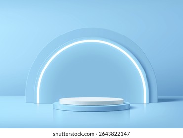 Fundo 3D de pódio redondo azul com semicírculo néon iluminação fundo. Composição abstrata em design minimalista. Estúdio display showroom stands produto pedestal, Moda palco vitrine cena maquete