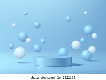Blue round podium 3D background with many bouncing white sphere ball. Abstract geometric composition in minimalist design. Studio display showroom product pedestal, Fashion stage showcase mockup scene