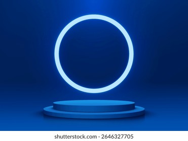 Blue round podium 3D background with circle ring neon lighting on wall. Abstract composition in minimalist design. Studio display showroom stands product pedestal, Fashion stage showcases mockup scene
