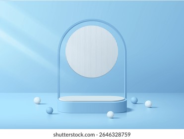 Blue round podium 3D background with circle backdrop and arch frame. Abstract composition minimalist design. 3D Studio display showroom cosmetic product pedestal, Fashion stage showcases mockup scene.