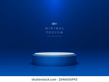 Blue round podium 3D background with ceiling lighting on the wall. Abstract composition in minimalist design. 3D Studio display showroom stands product pedestal, Fashion stage showcases mockup scene