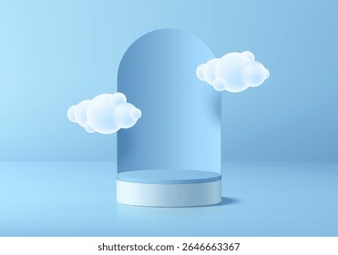 Blue round podium 3D background with arch backdrop and floating cloud. Abstract composition in minimalist design. 3D studio display showroom product pedestal, Fashion stage showcases mockup wall scene