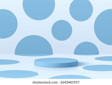 Blue round podium with 3D polka dot on white background. Abstract vector composition in minimalist design. 3D studio room display showroom stands product pedestal, Fashion stage showcase mockup scene.