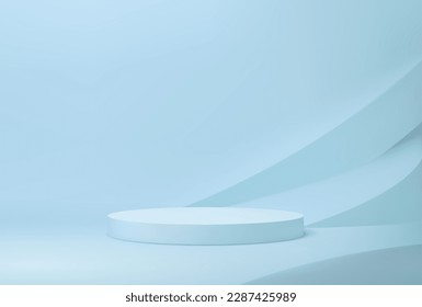 Blue round podium 3d realistic platform or pedestal mockup for products displaying. Vector studio background with circular low stand for cosmetics presentation. Sleek, modern, minimalist showcase
