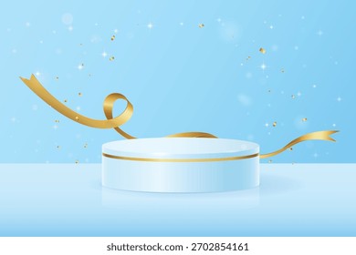 Blue round podium on blue background with glitters, luxury gold elements and confetti for presentations, demonstrations and advertising. Premium blue podium mockup, Vector (EPS) illustration