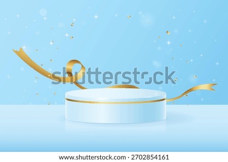 Blue round podium on blue background with glitters, luxury gold elements and confetti for presentations, demonstrations and advertising. Premium blue podium mockup, Vector (EPS) illustration