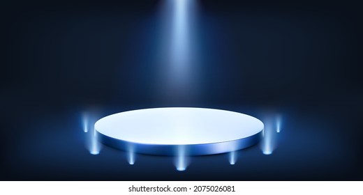 Blue round podium on dark background. Empty pedestal for award ceremony. Platform illuminated by spotlights. Vector illustration
