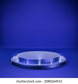 Blue round podium on dark background. Platform illuminated by spotlights. Empty pedestal for award ceremony. Vector illustration