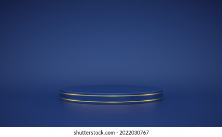 Blue round podium. Scene and 3D platform with gold circle on blue background. Blank Pedestal minimal concept. Advertising, award and win design. Show and sale template. Realistic vector illustration.