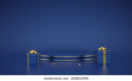 Blue round podium. Scene and 3D platform with gold circle on blue background. Blank Pedestal with gift boxes with golden bow and confetti. Advertising, award design. Realistic vector illustration.