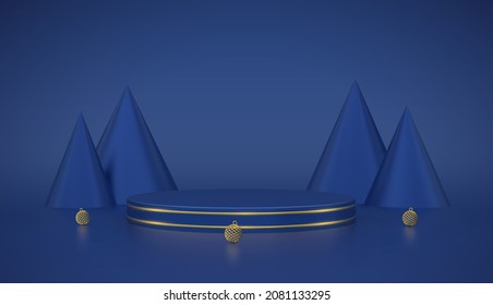 Blue round podium. Scene and 3D platform with gold circle, Christmas balls and pine cone trees on blue background. Blank Pedestal concept. Advertising design. Show and sale template. Realistic vector.