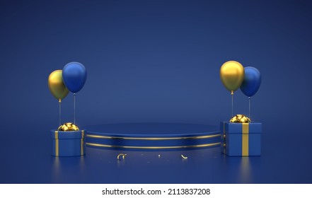 Podio redondo azul. Escena, plataforma 3D con círculo dorado sobre fondo azul. pedestal publicitario en blanco con cajas de regalo con arcos dorados y globos de helio festivos. Ilustración vectorial realista.